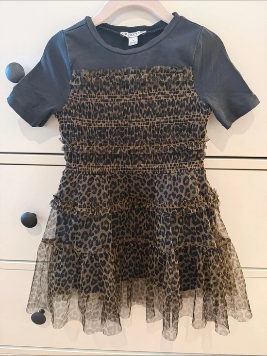 Crewcuts Leopard Print Ruffle Tiered Dress with Black Tee Top