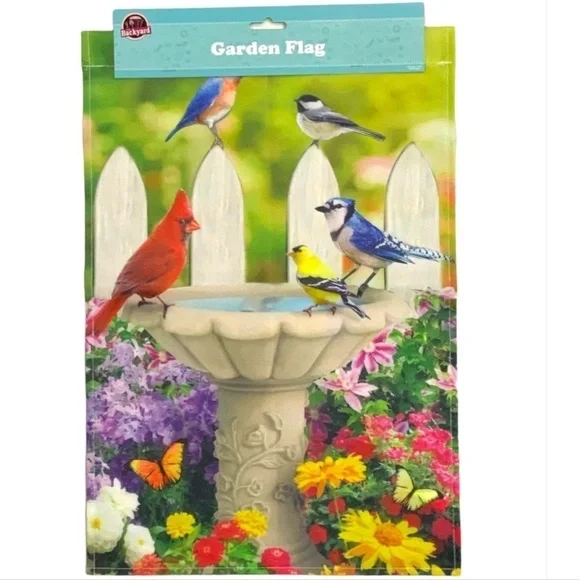 Garden Flag Songbirds Picket Fence Bird Bath Butterflies and Flowers 12x18 in