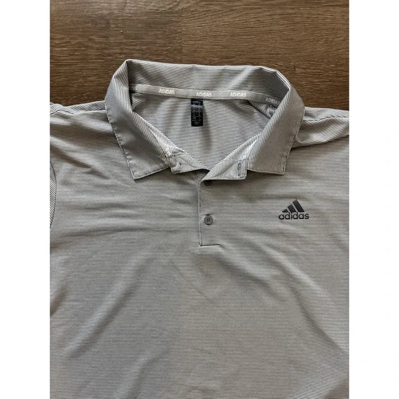 Adidas Polo Shirt Men's XL Gray White Striped Performance Golf Shirt Polyester