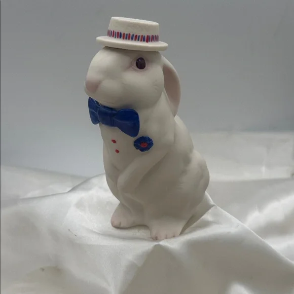 White Ceramic Rabbit Figurine with Blue Bow Tie
