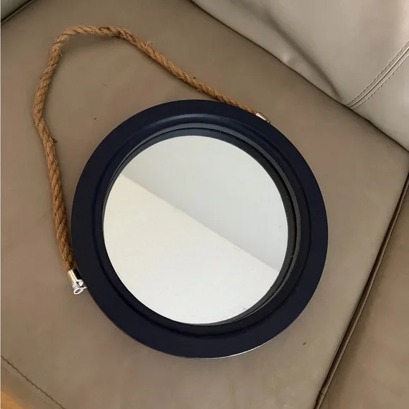 Nautical Blue Round Wall Mirror with Rope Hanger