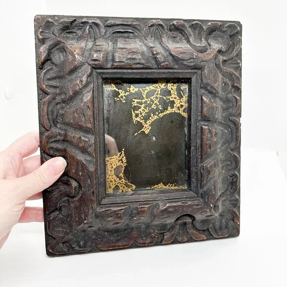 Vtg Chalk ware Carved Wood Gothic Mirror Gold Vamp Halloween Witchy Goth