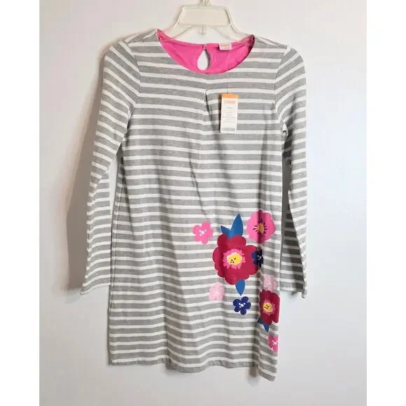 Gymboree Girl's Long Sleeve Dress Size L (10-12) Gray White Stripes Florals NWT