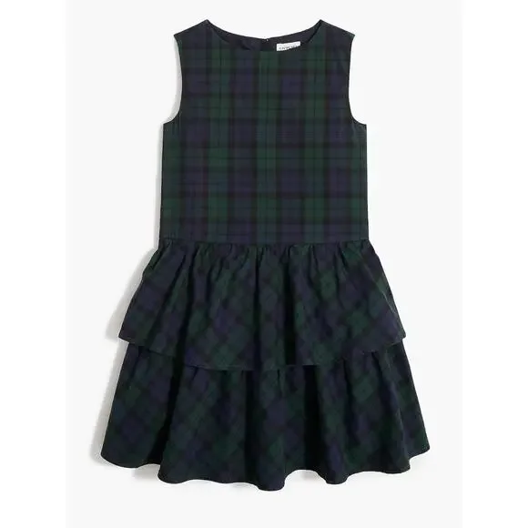 Crewcuts J Crew Girls Poplin Black Watch Green Navy Blue Plaid Ruffle Dress 7