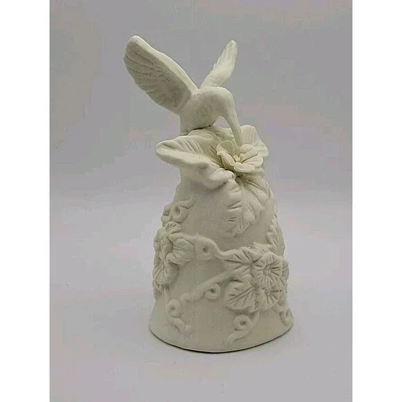 Vintage Porcelain Bell Hummingbird Figurine Resting On Flower Ivy Vines EUC