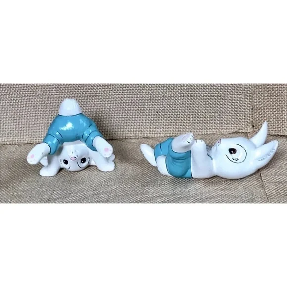 Vintage Tumbling Bunny Figurine Set Handmade Kitsch Whimsical Anthropomorphic