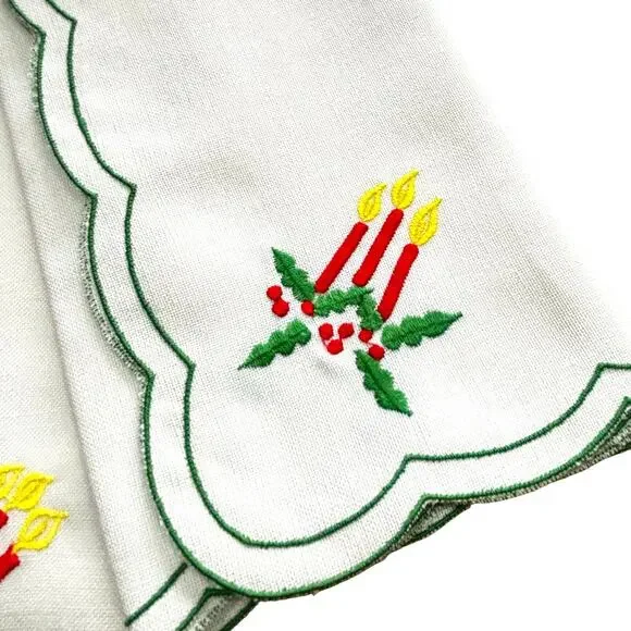 PAIR of Christmas table mats doilies toppers white candle poinsettia embroidery