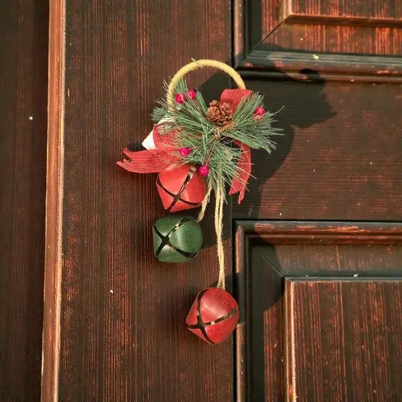 12223 Jingle Bells Door Hanger 3 balls Solid Ring With Pine Cones Holly With Bow
