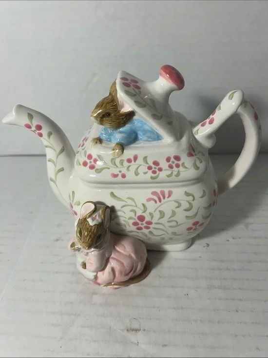 Whimsical Ceramic Mouse Teapot Figurine - White with Pink & Green Accents