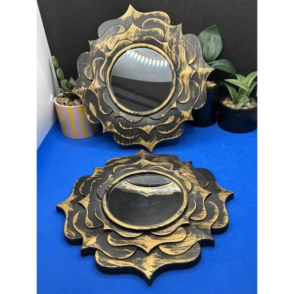 Decorative Lotus Mandala Wall Mirror Set Black & Gold Distressed Finish