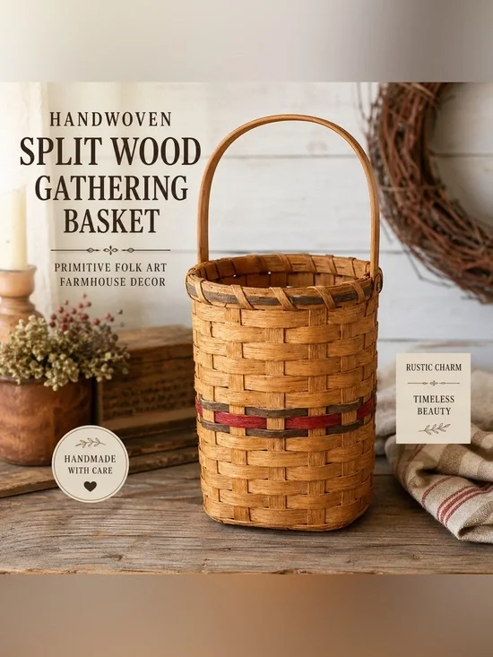 Vintage Primitive Wood Gathering Basket With Handle Handwoven Splint Basket