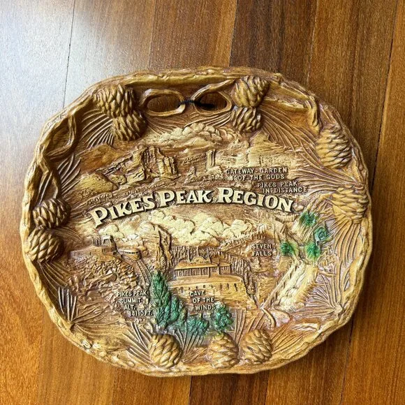 Vintage Pikes Peak Region Souvenir Faux Wood Tray / Plate / Bowl by Taco