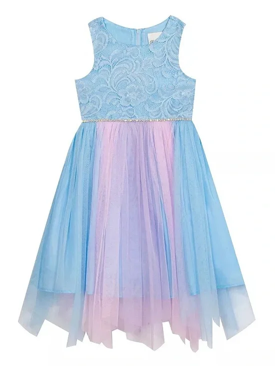 Rare Editions 3T Light Blue Lace Tulle Dress with Pink Accents