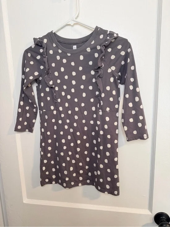 Tea Collection Gray Dress with White Polka Dots and Ruffle Detail