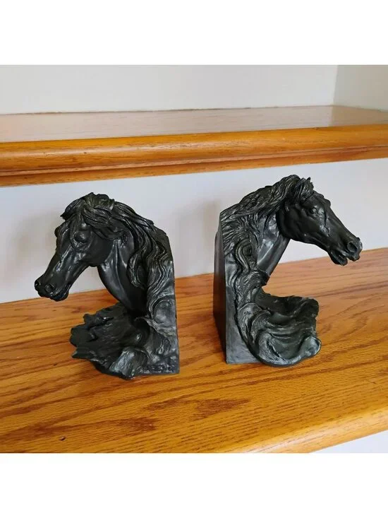 Pair of Equestrian Stallion Horse Head Bookends Resin Bronze Tone 6