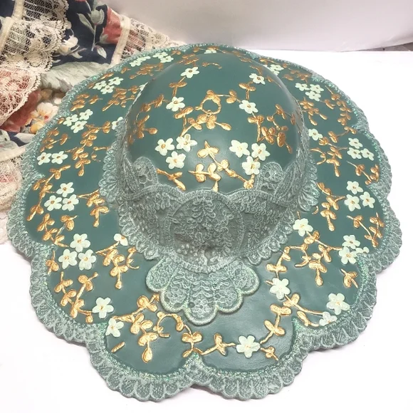Ceramic Hand Painted Green & Gold Floral Ladies Hat Wall Hanging Artist Signed