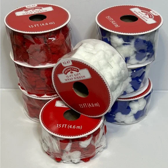 NWT - Holiday Time Red, Blue and White “Pom-Pom” Gift Wrap Ribbon/Garland