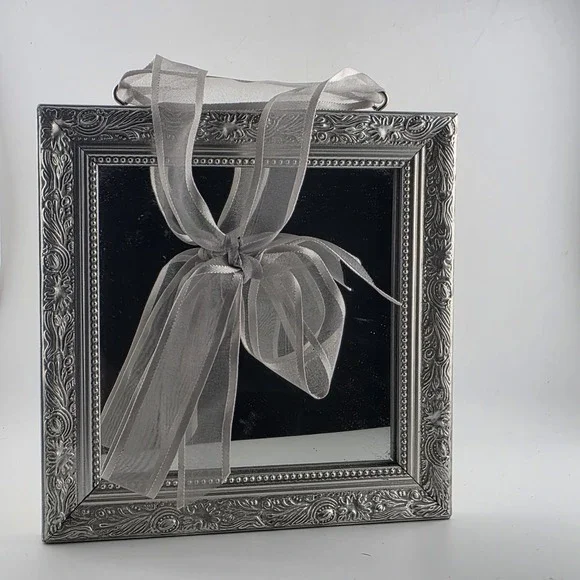 Vintage Silver Tone‎ Ornate Small Square Mirror With Sheer Ribbon Hanging 6.25