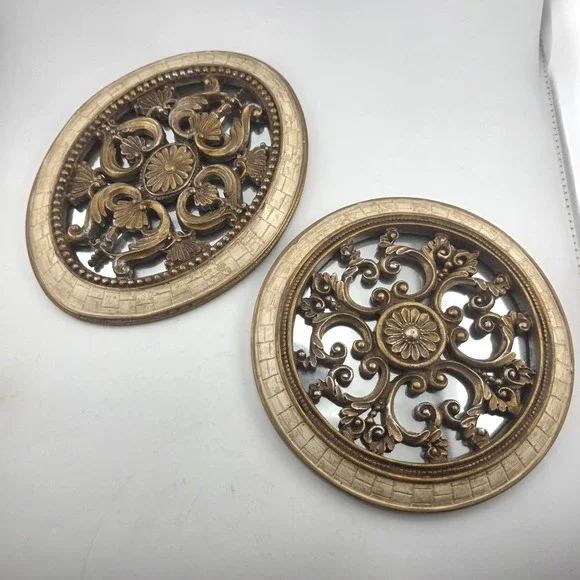 MCM Ornate Gilt Filagree Wall Mirror Set 2 Round Oval‎ Hollywood Regency