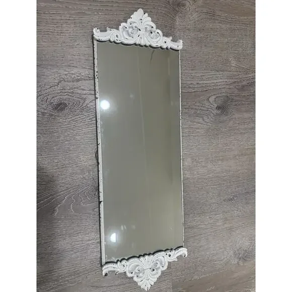 French Ornate Rectangle 26”X8.5” Mirror Hanging Distressed White Vintage
