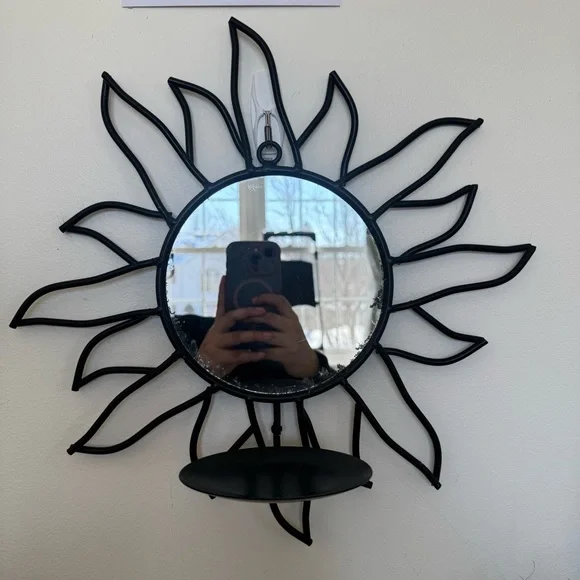 Black Sunburst Mirror Wall Decor with candle holder