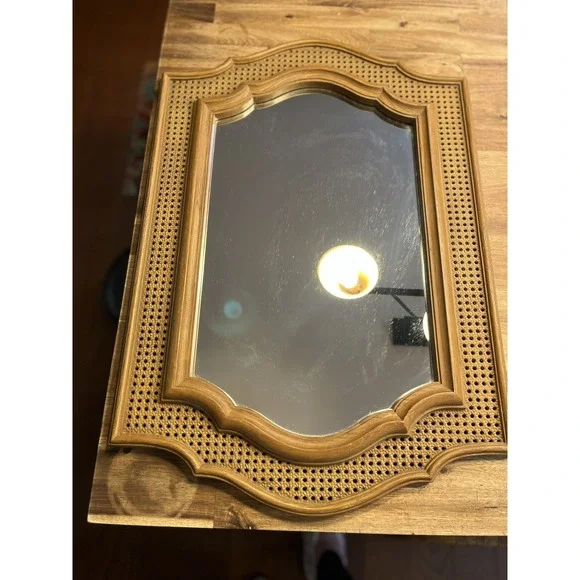 MCM Faux Woven Rattan Wicker Hanging Wall Mirror Plastic Retro Boho