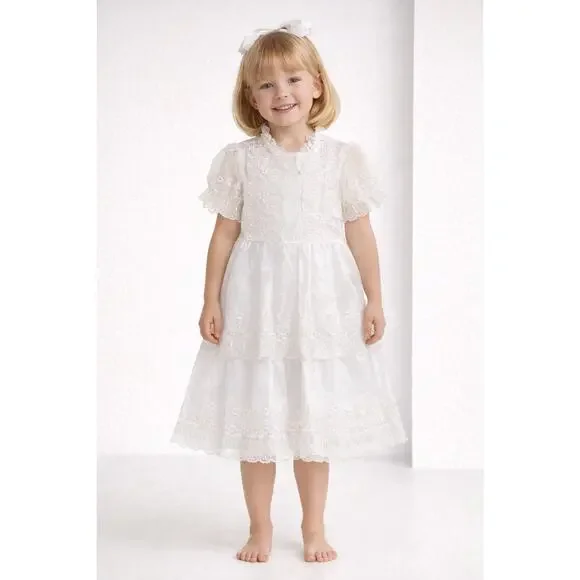 Little Girls Vintage Dress lace, beads, Dolly Size 7