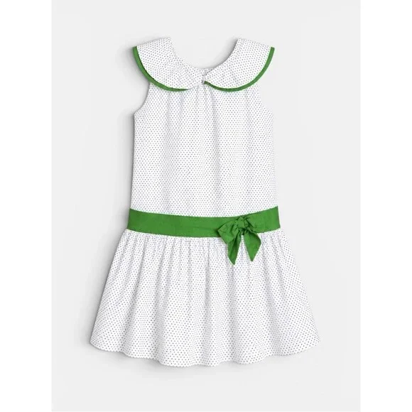 Janie and Jack White Polka Dot Dress Green Trim Girls Size 4 Classic Cotton