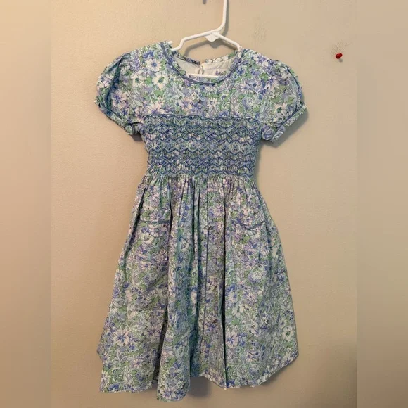 Rachel Riley Smocked Floral Blue and Green Dress