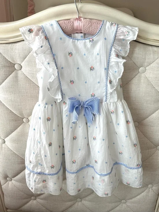 Pippa & Julie Little Flutter Sleeve White Floral Dress with Blue Gingham Bow