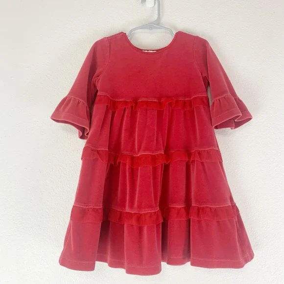 Hanna Andersson Dress Girls‎ 4 100 Red Tiered Velvet Holiday Christmas PLAY