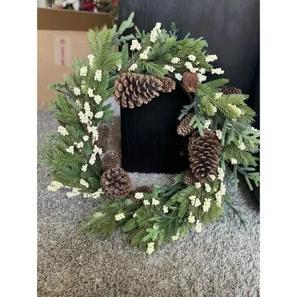 Wicker Park 15” Unlit Berry & Pinecone Wreath White Berries Holiday Decor