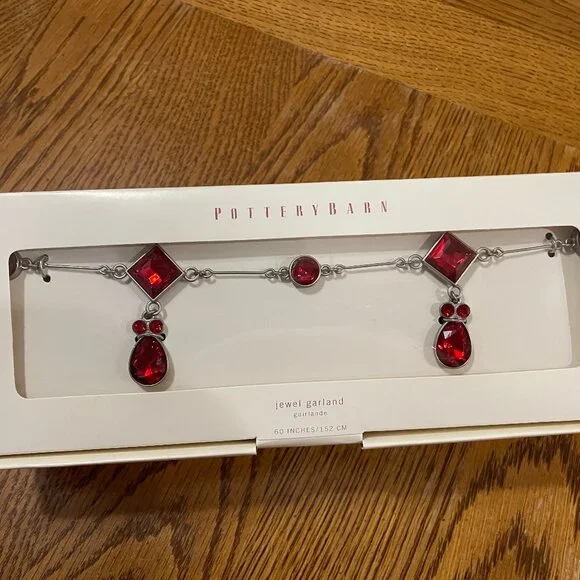 Pottery Barn Jeweled Garland Christmas Tree Red Silver 60” Long 6 Sets