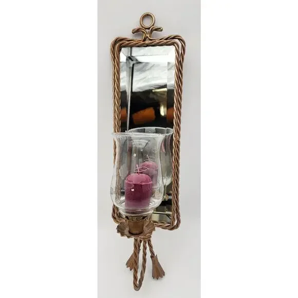 Antique Gold Wall Mirror Candle Holder – Etched Glass Hurricane w/ Purple Candle