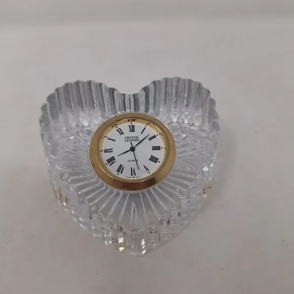 Vintage Godinger Lead Crystal Legends Heart Shaped Desk Clock Gold Bezel Decor