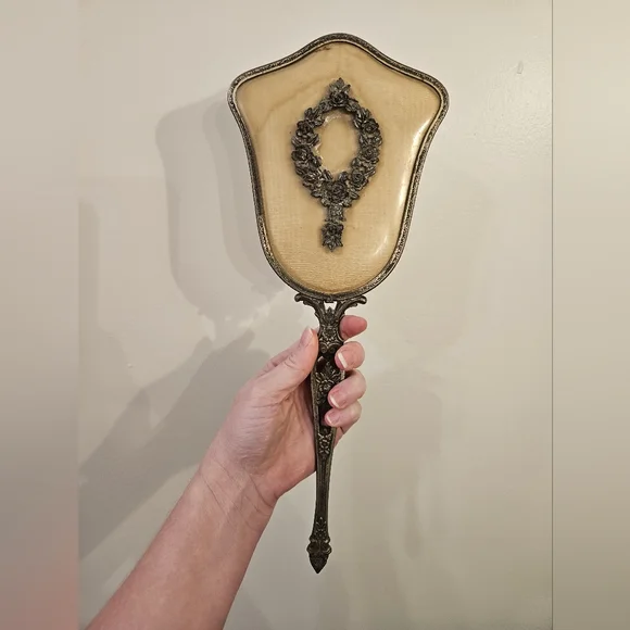 Vintage Cream and Silver Handheld Mirror