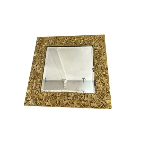 Vintage Square Wall Mirror Gold Gild Repousse’ Frame Ornate Vine & Fruit Motiff