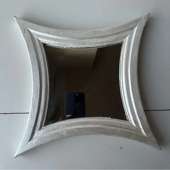 Vintage Silver Starburst Square Mirror - Mid-Century Modern Concave Wall Decor
