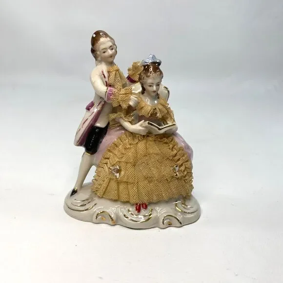 Vintage Lady & GentleMan Porcelain Victorian Figurines Reading Dresden Lace 5