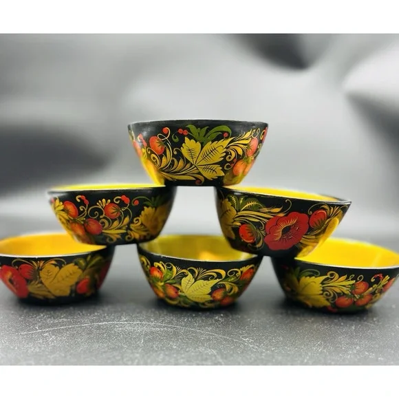Set of 6 Vintage Khokhloma Hand Painted Wooden Russian Folk Art Bowls USSR