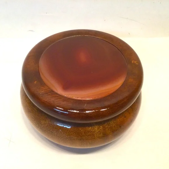 Vintage Hand Crafted Mahogany Trinket Box w/ Agate Inlay Lid - Made in Brazil