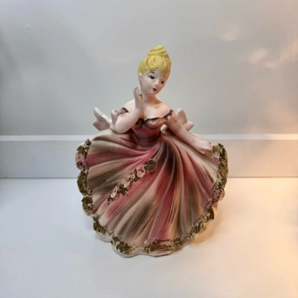 vintage ceramic figurine of a lady in a ball gown vanity storage