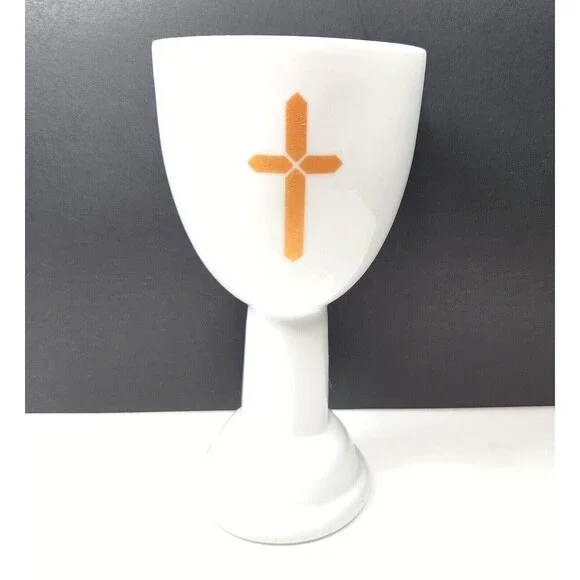 Autom Church Goblet Chalice 6 inch Ceramic White Gold Cross Blessing Cup