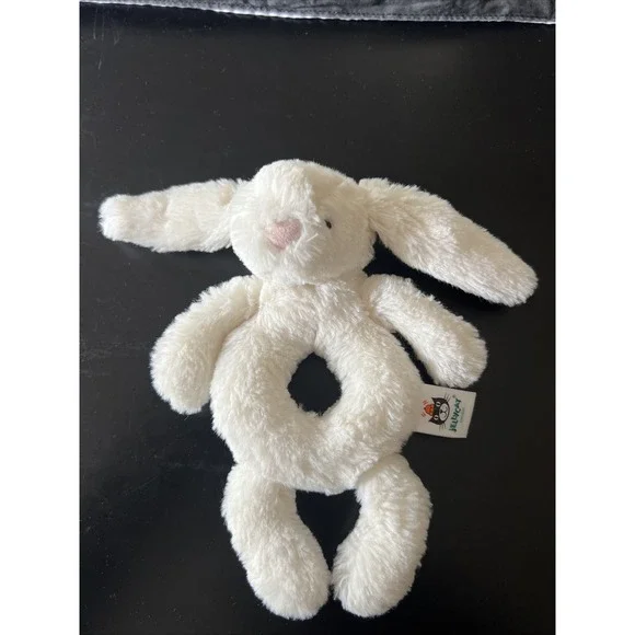 Little Jellycat London Cream White Bunny Rabbit Plush Rattle Ring Baby Toy 7