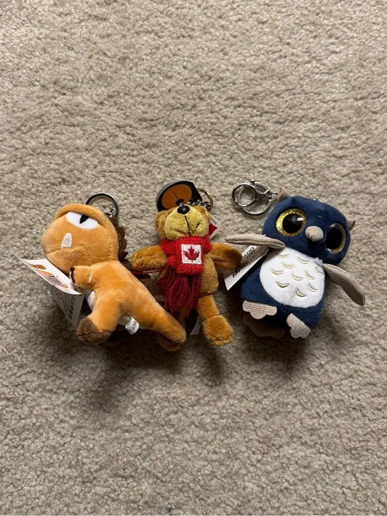 Plush Keychain Set - Navy Owl, Tan Dino & Brown Bear