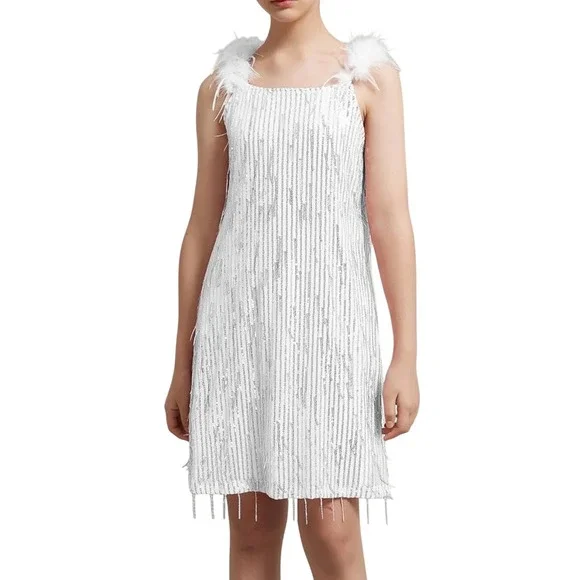 EXARUS Girls White Silver Sequin‎ Fringe Dress Feather Straps Size 14Y Hair Bow