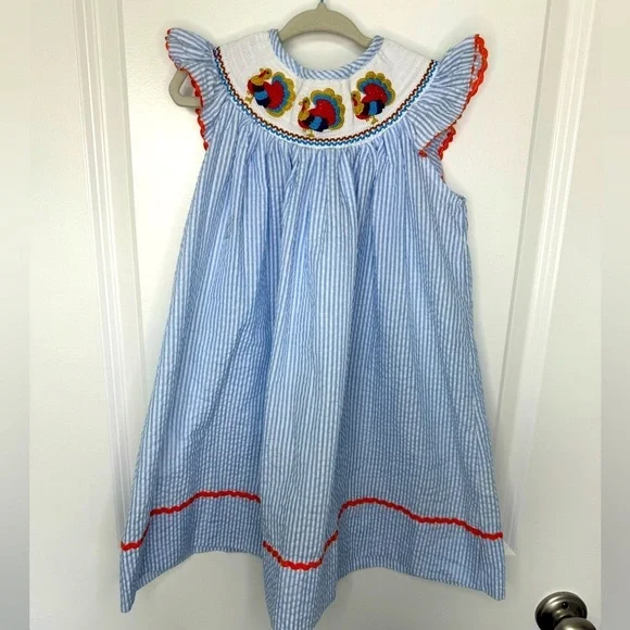 Lil Cactus Girls Thanksgiving Turkey Smocked Light Blue Pinstripe Dress Size 2T
