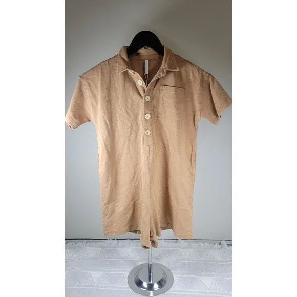 Rylee + Cru‎ 100% Cotton Collared Button Romper – Camel (Size 8–9Y)