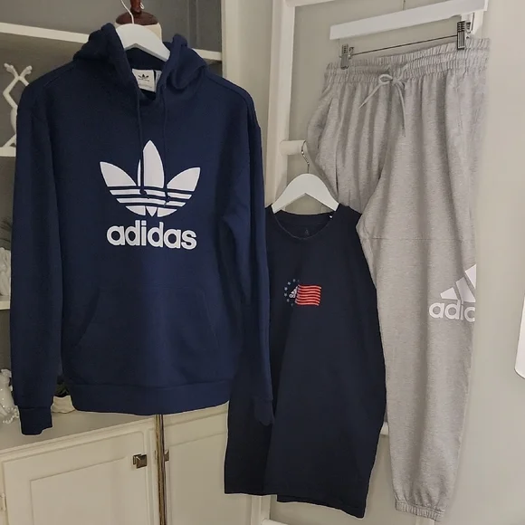 Sale Mens Adidas Navy Hoodie Short Sleeve Joggers Set Size Medium