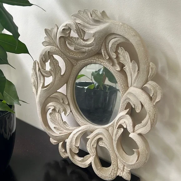 Pair of (2) cream cast plaster Vintage round wall mirrors baroque crackle EUC